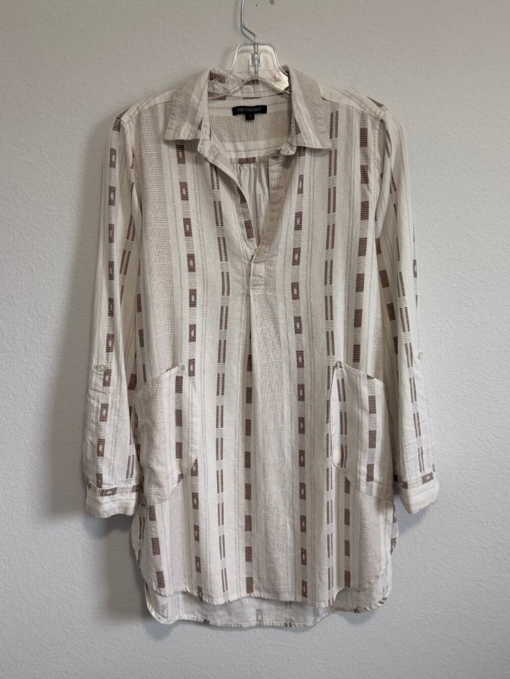 FOR CYNTHIA Linen Blend Long Sleeve Split V-Neck Collared Geo Tunic Shirt Size M